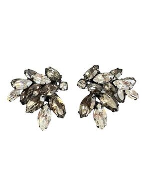 Vintage Regency Rhinestone‎ Earrings Clip-On Smoke Clear Cocktail 60s Retro